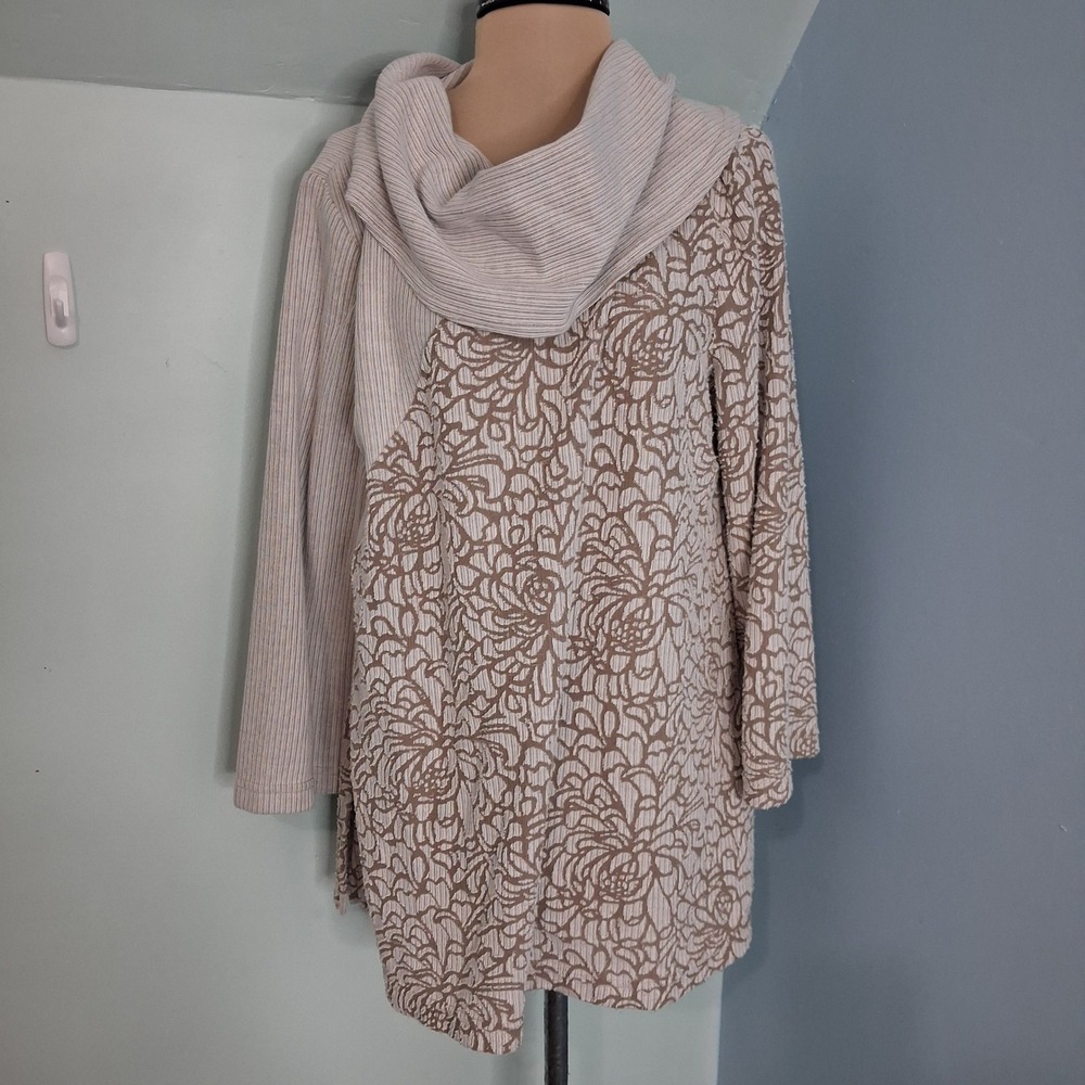 Yushi Cowl Neck Tunic Top Floral Mixed Media Ribbed Taupe Lagenlook USA Made M